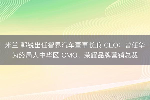 米兰 郭锐出任智界汽车董事长兼 CEO：曾任华为终局大中华区 CMO、荣耀品牌营销总裁
